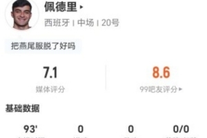 佩德里此役无射1关键传球+丢13球权 3次抢断+7次对抗成功 得7.1分