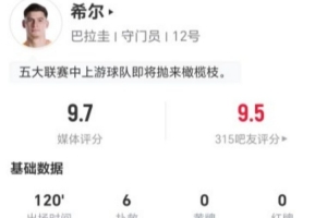 巴拉圭守门员希尔此役6次扑救，43次长传成功10次，制造3次犯规，全场最高得分9.7分